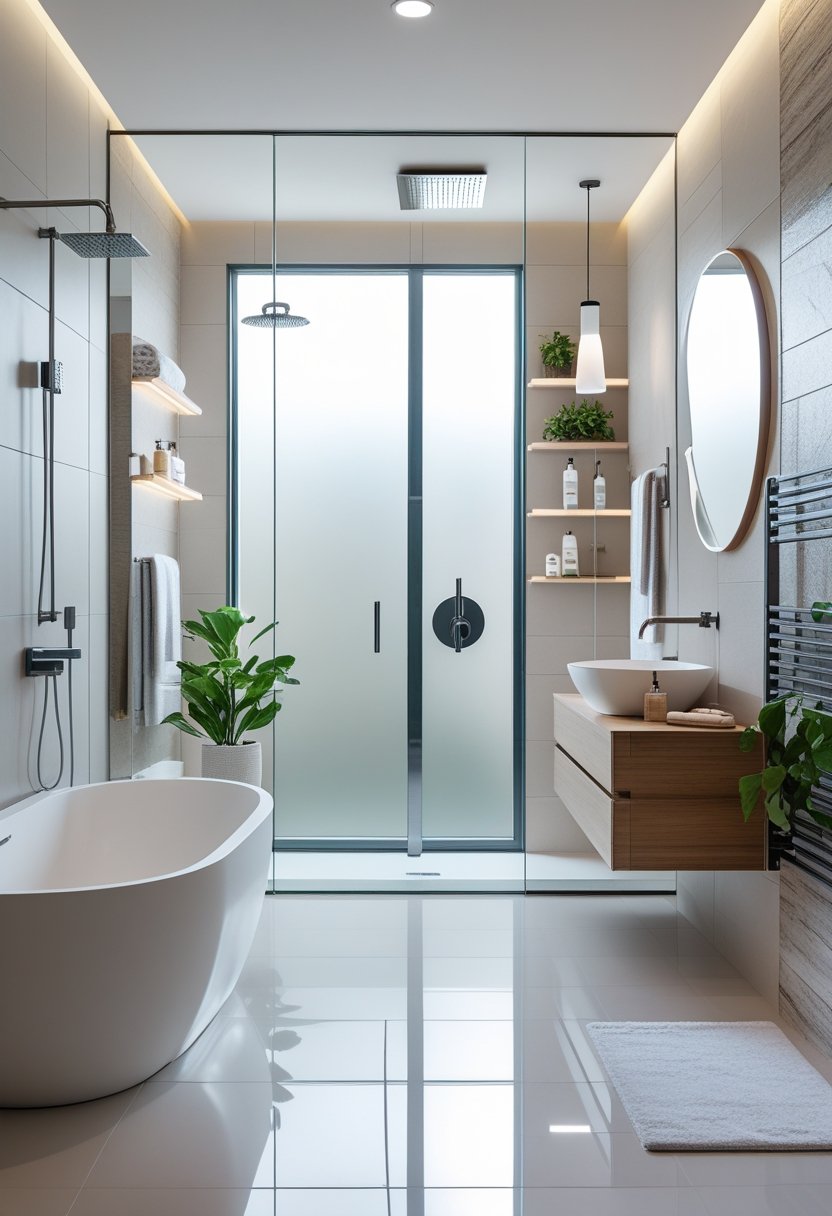 A modern bathroom featuring a bathtub, walk-in shower, floating vanity, mirror, towel racks, pendant lights, heated towel rail, shelves with toiletries, a plant, and textured wall tiles.