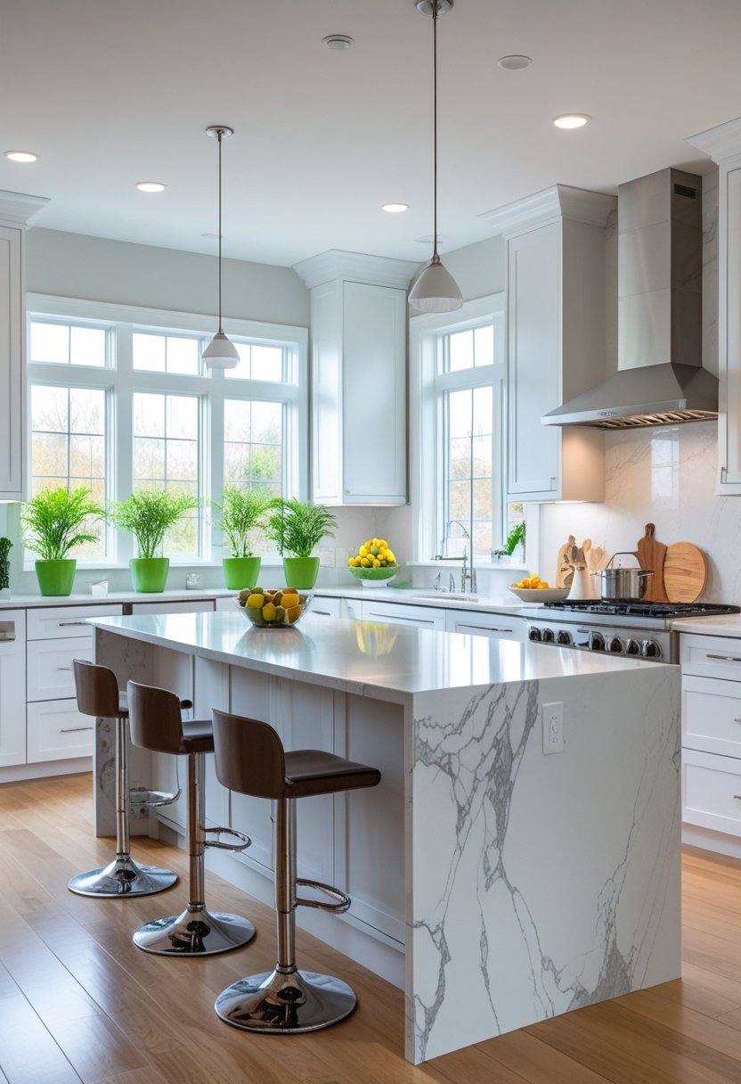 A modern kitchen with white cabinets, a marble island countertop, stainless steel appliances, and natural light coming through large windows.