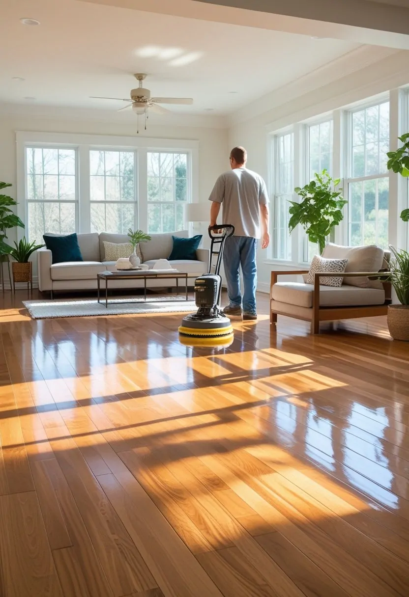 A person polishing shiny hardwood floors in a bright living room with modern furniture and plants.