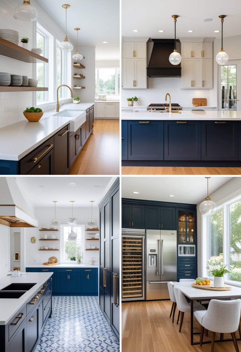 A modern kitchen with a large island, open shelving, built-in appliances, farmhouse sink, and a cozy breakfast nook illuminated by natural light.