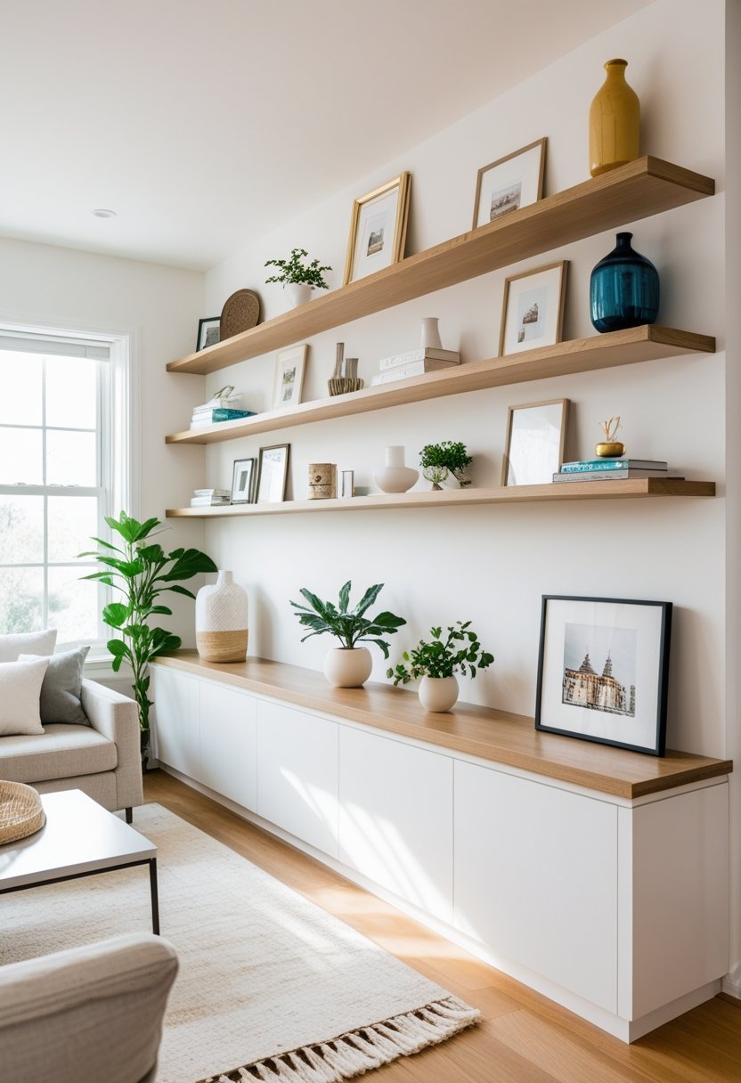 Living room with open shelving filled with decorative items and books, a sofa, coffee table, and natural light coming through windows.