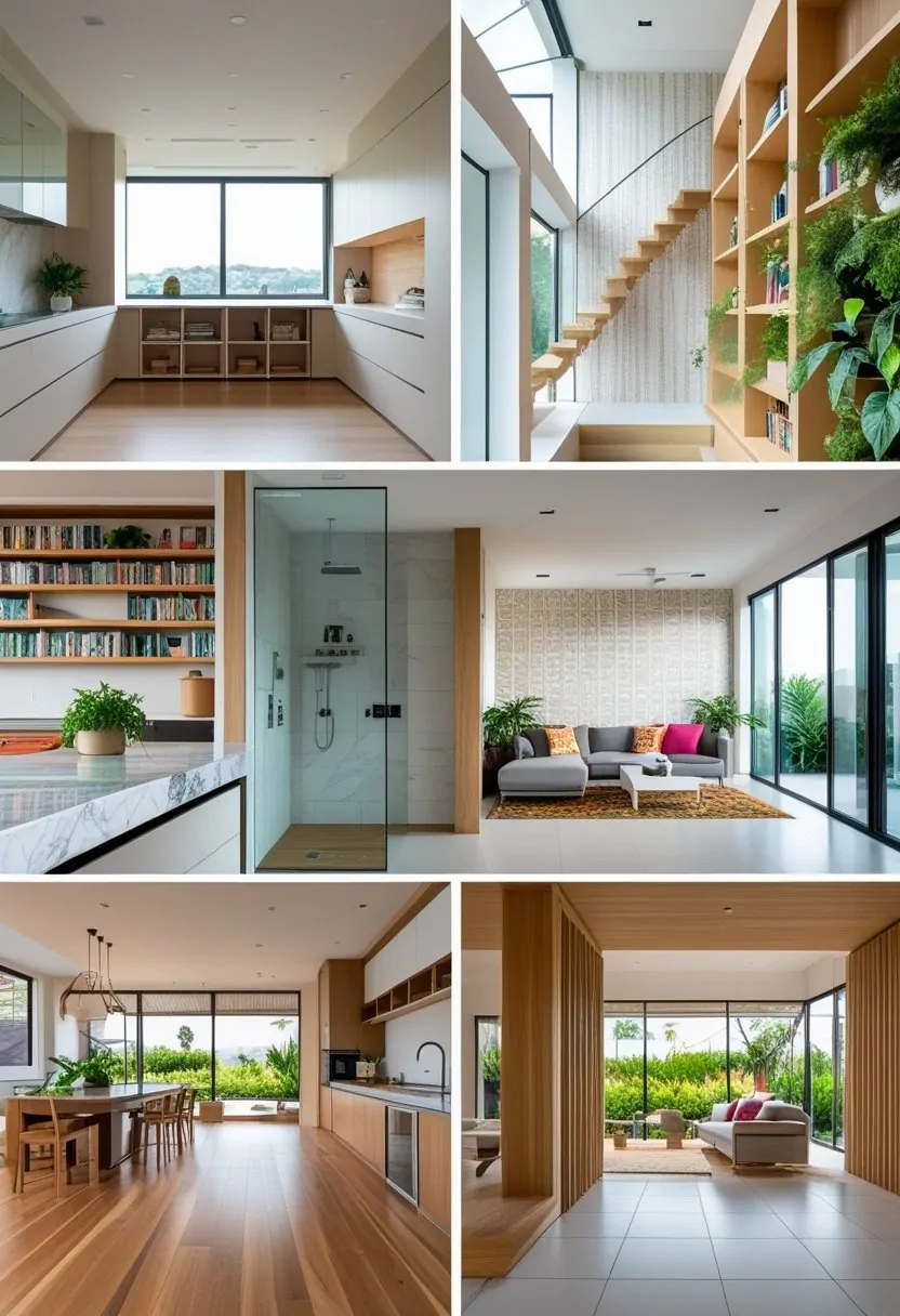 A bright open living space showing a modern kitchen, cozy reading nook, renovated bathroom, comfortable living room, and wooden staircase with plants and natural light.