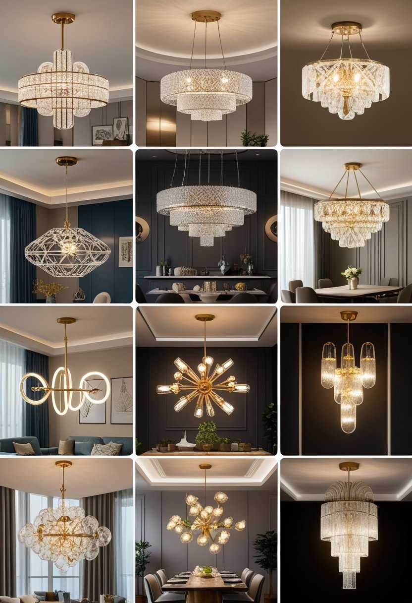 A collection of ten different illuminated chandeliers displayed in various elegant interior rooms.