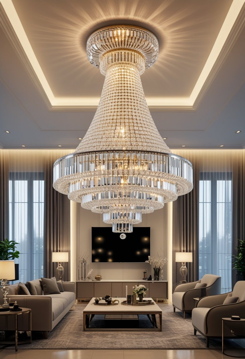 A spacious living room with a large crystal chandelier hanging from the ceiling above a seating area.