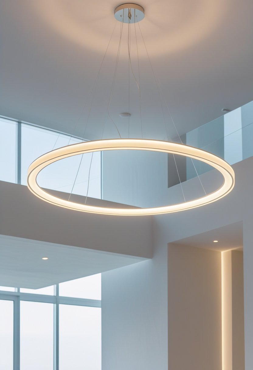 A modern LED ring chandelier hanging from the ceiling in a bright, minimalist room.