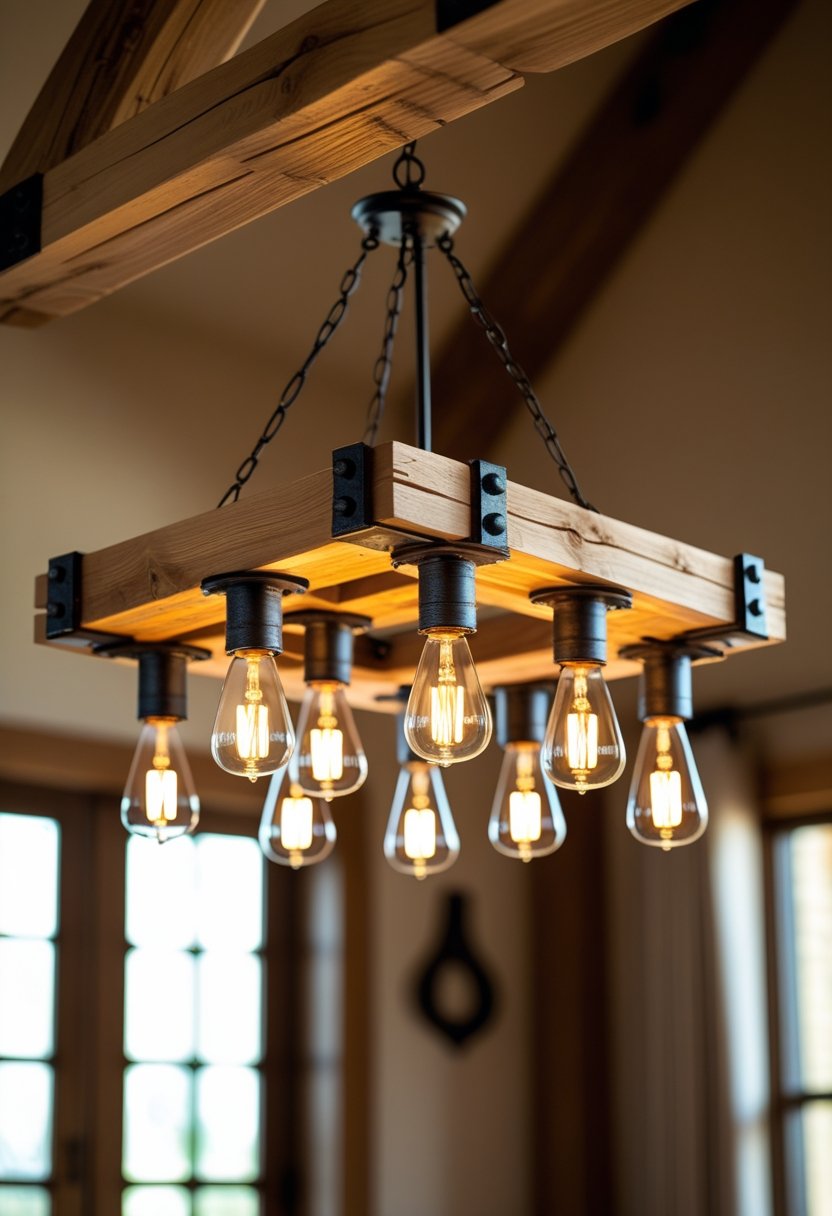 A chandelier made of wooden beams and metal with ten glowing light bulbs hanging from a ceiling in a warm interior space.
