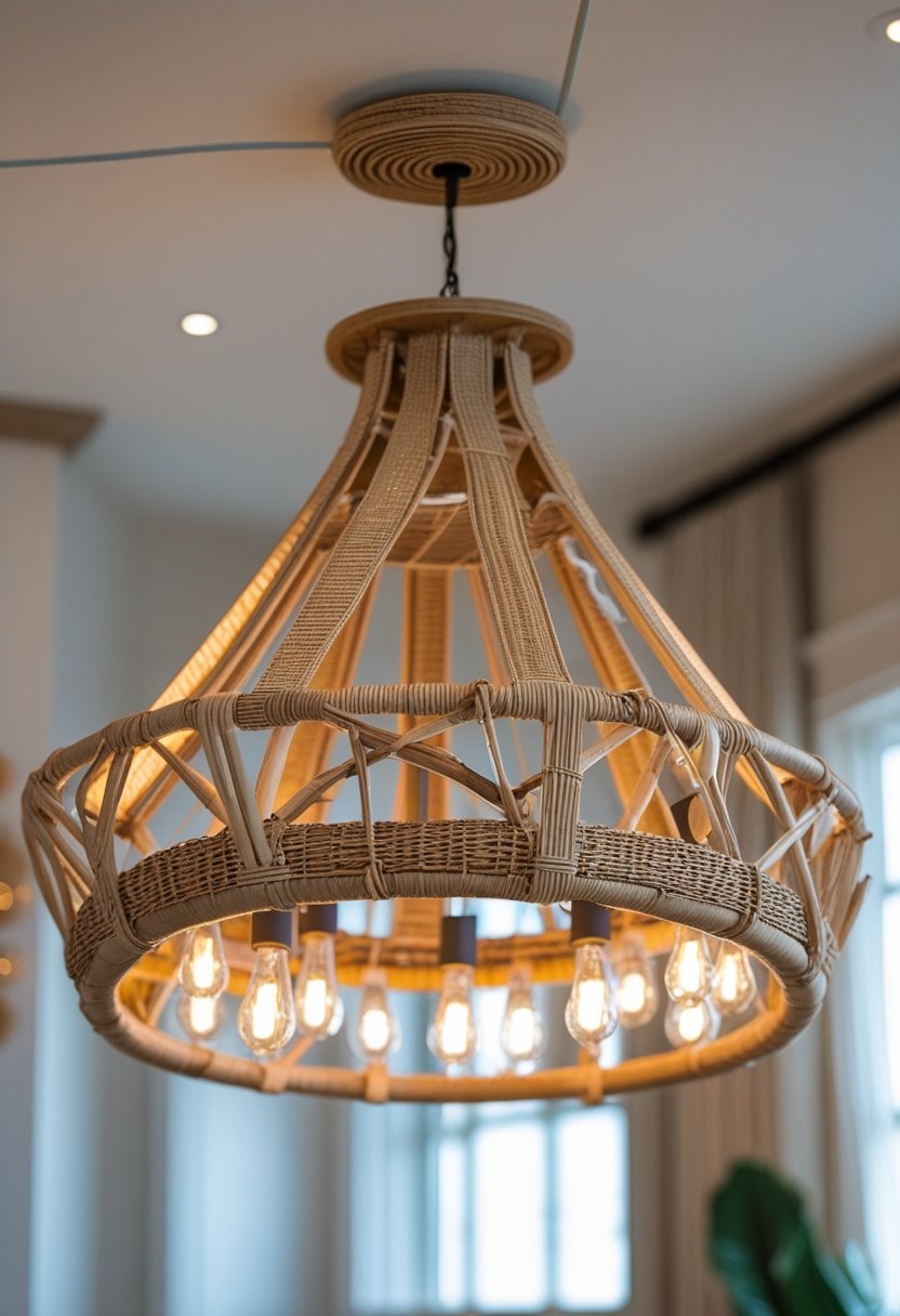 A chandelier with natural woven and wooden textures hanging from the ceiling, softly illuminated in a bright room.