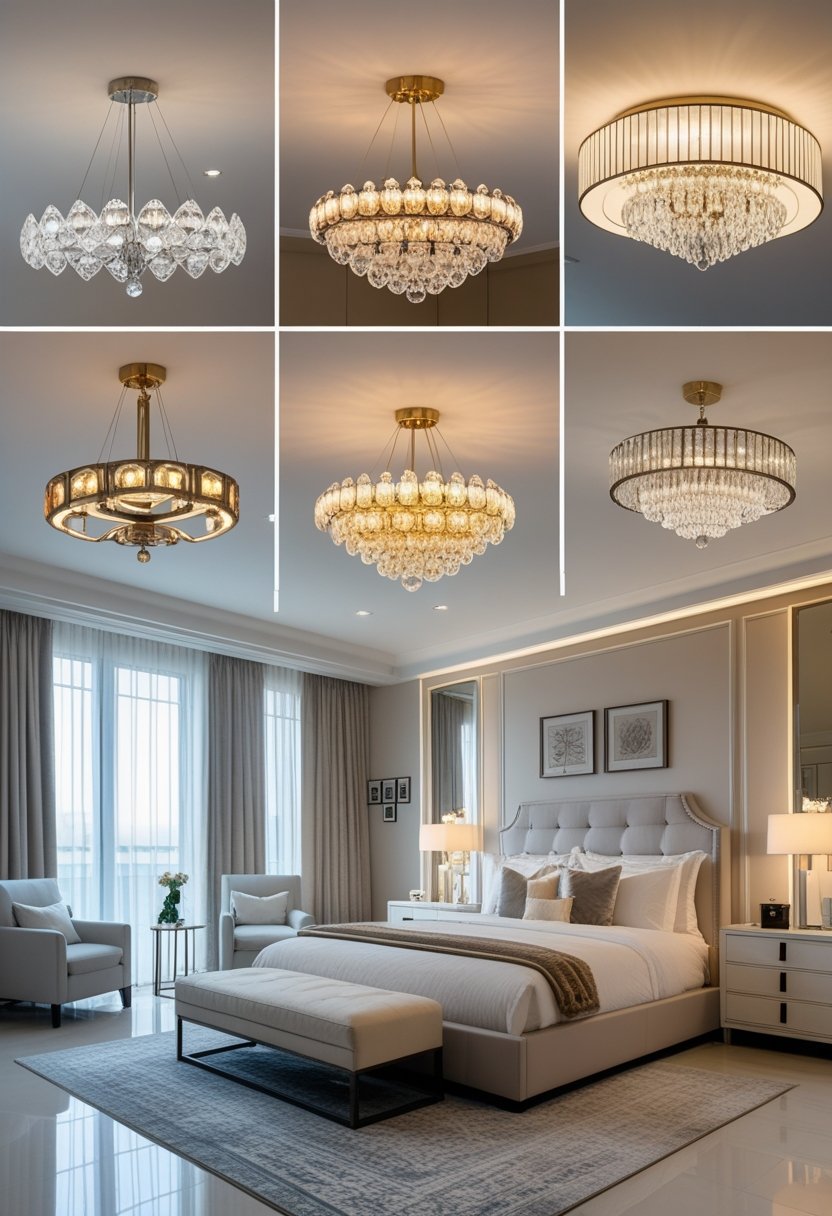 A spacious bedroom with seven different chandeliers hanging from the ceiling, featuring a large bed and modern furniture.