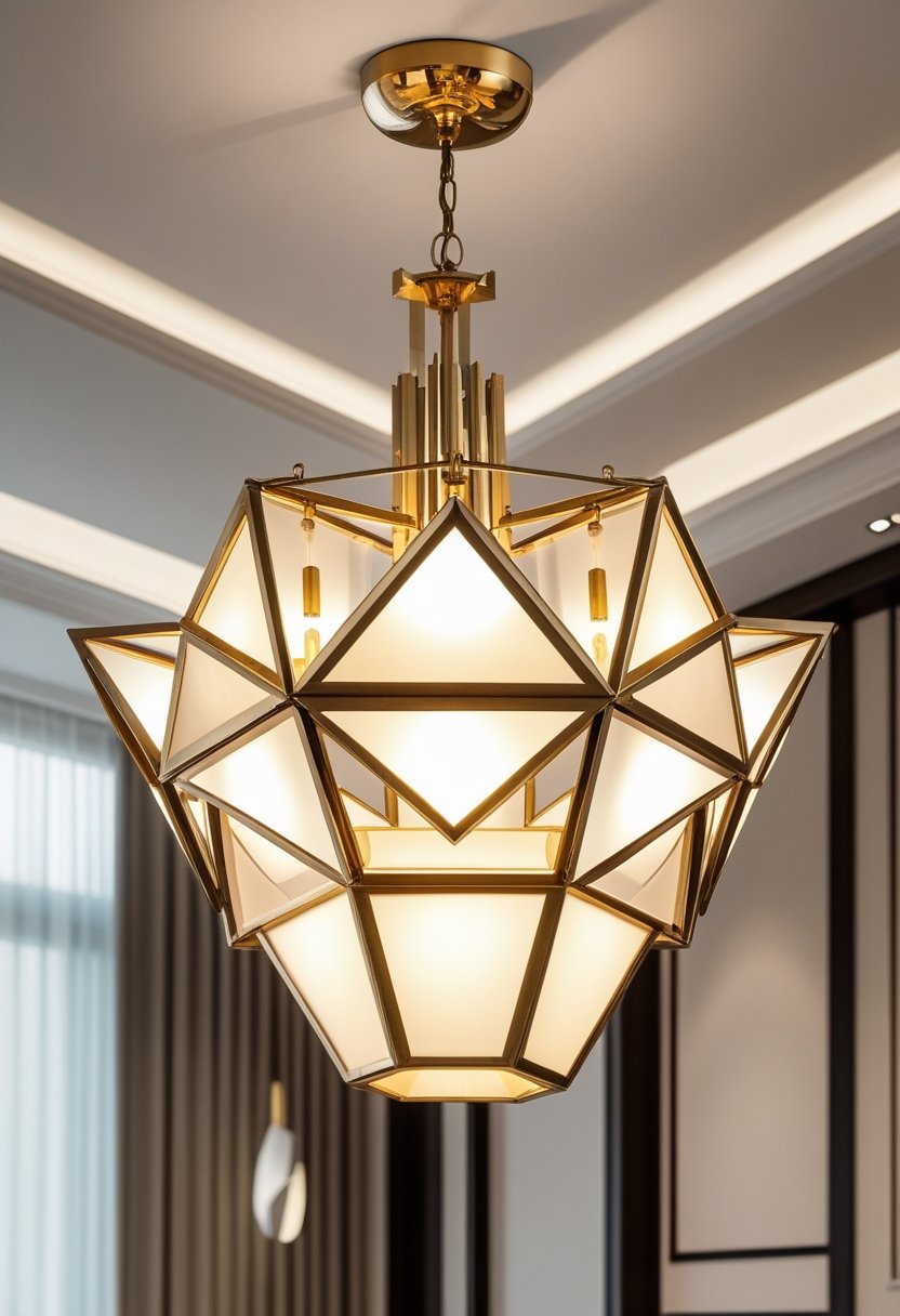 A geometric chandelier hanging from a ceiling in a modern room, emitting warm light.