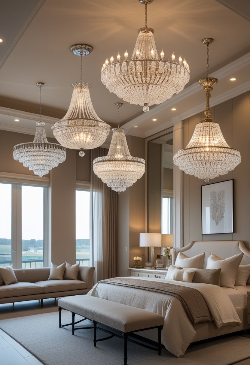A spacious bedroom with seven crystal chandeliers hanging from the ceiling above a large bed and modern furniture.
