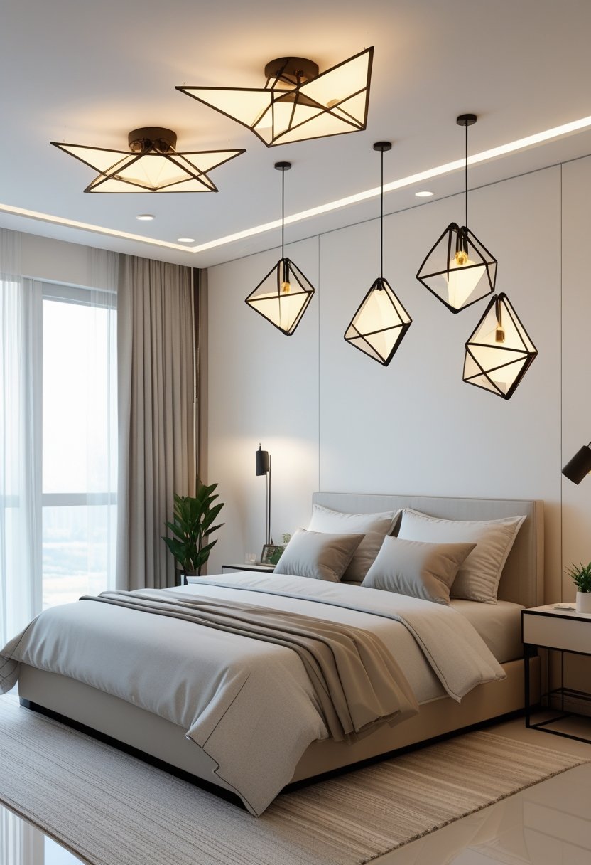 A bedroom with seven modern geometric chandeliers hanging from the ceiling, a neatly made bed, and natural light coming through large windows.