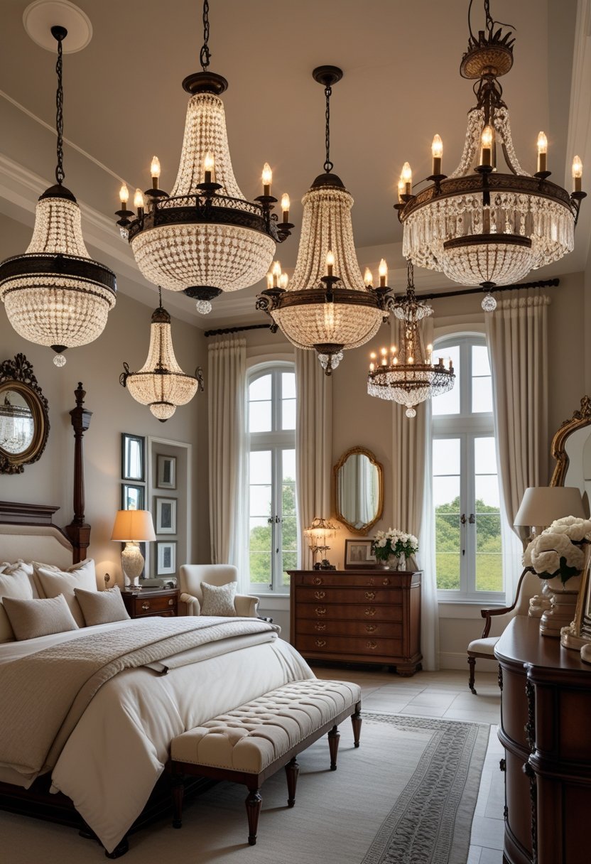 A bedroom with seven chandeliers hanging from the ceiling, featuring a bed, wooden furniture, and soft lighting.