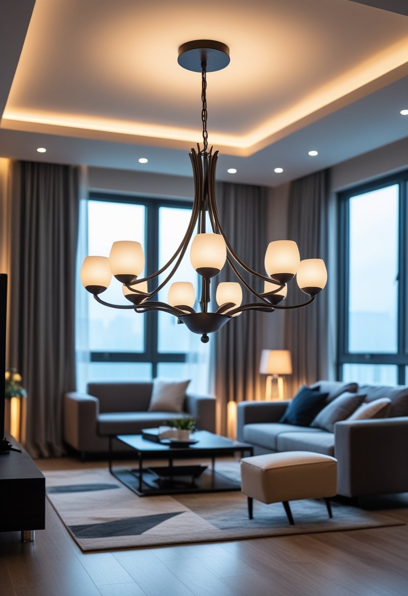 A modern living room with a smart chandelier emitting adjustable warm to cool light above a sofa and coffee table.