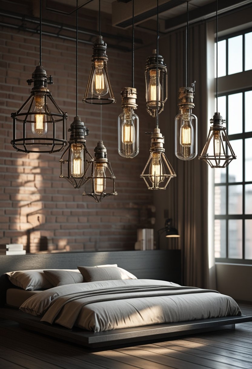 A bedroom with seven hanging chandeliers above a bed, large windows, and simple furniture.
