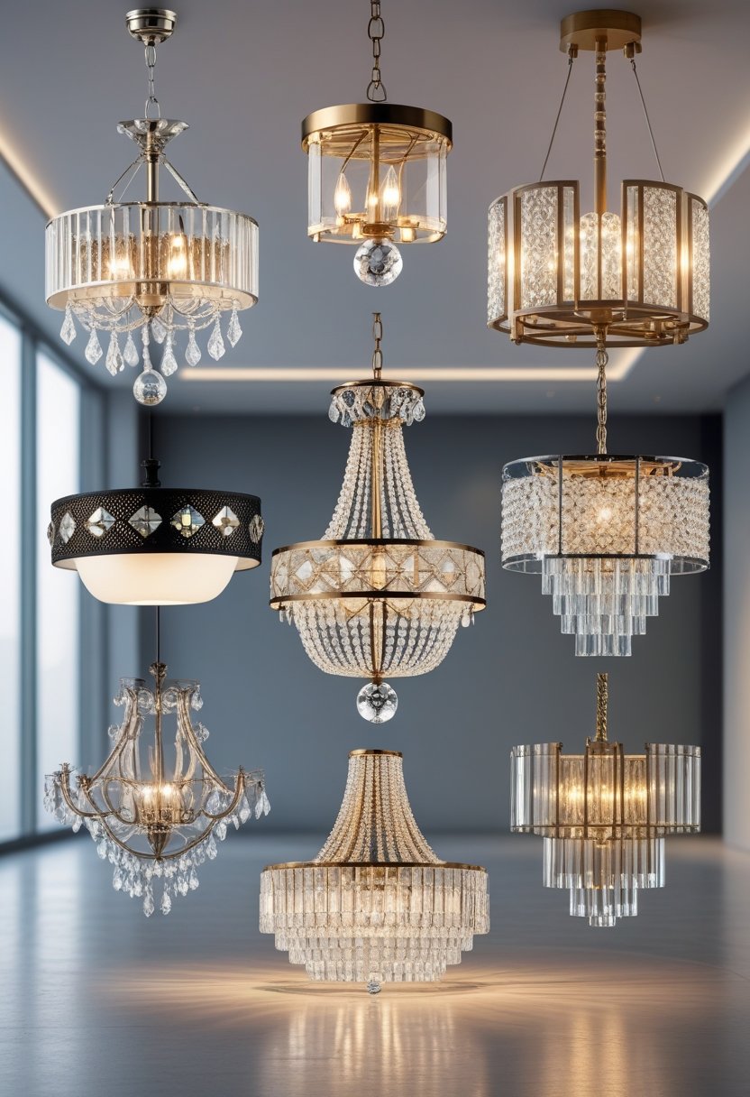 Seven different chandeliers displayed in a bright showroom against a neutral background.