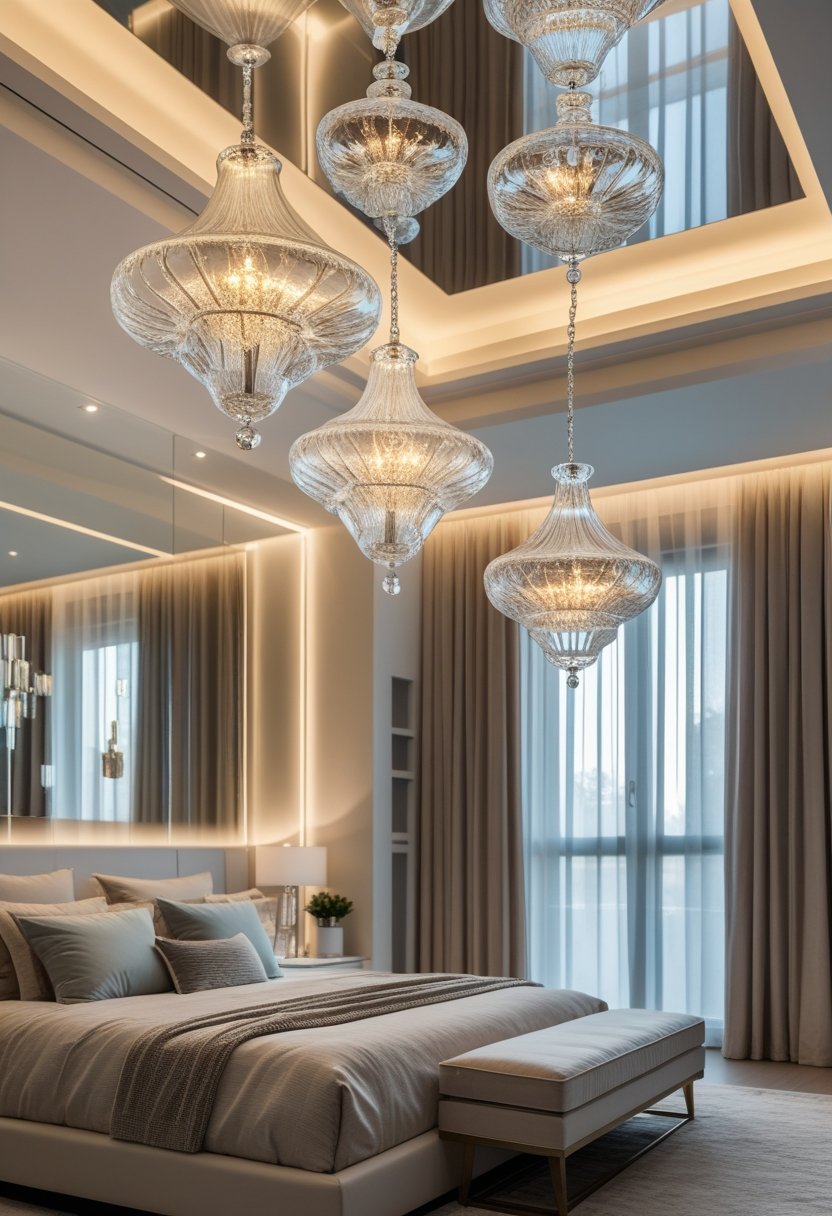 A bedroom with several glass chandeliers hanging from the ceiling, illuminating the room with warm light.