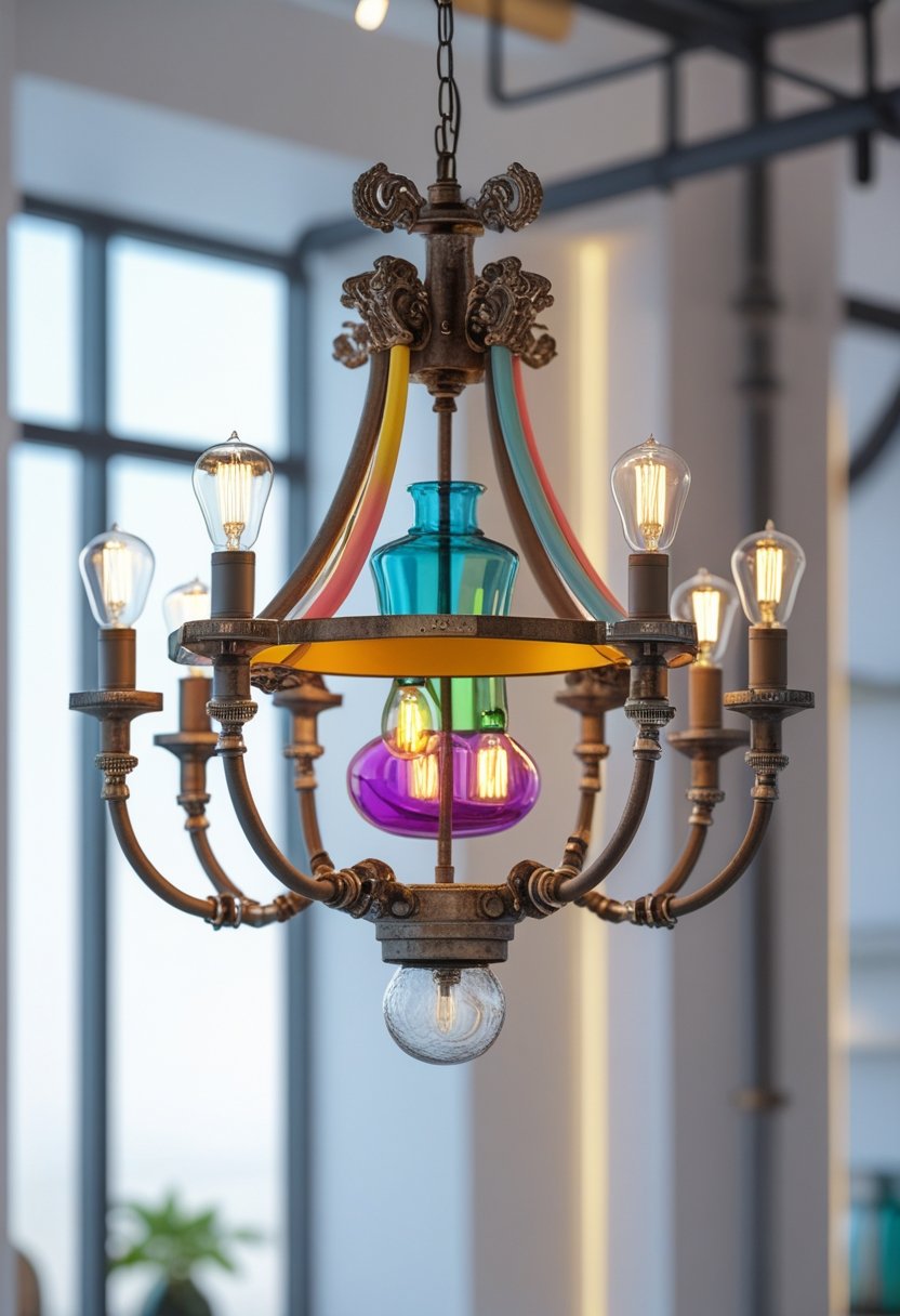 A repurposed vintage chandelier with creative design elements hanging in a bright interior space.