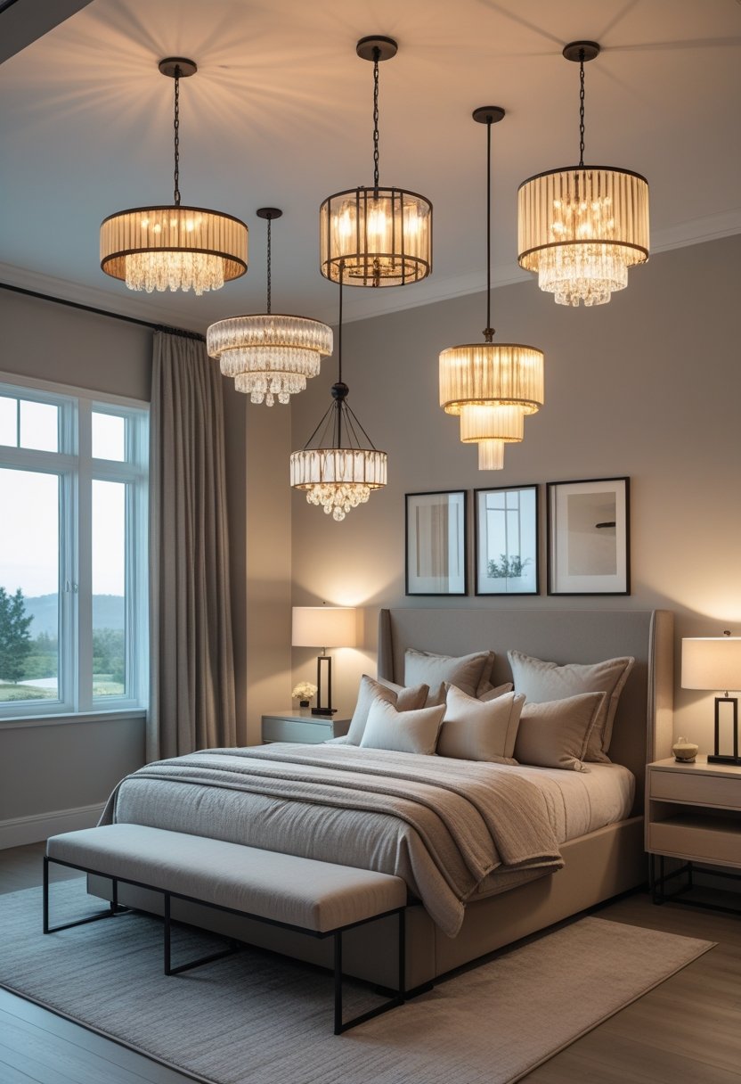 A bedroom with a bed and seven different chandeliers hanging from the ceiling, softly lit and neatly arranged.