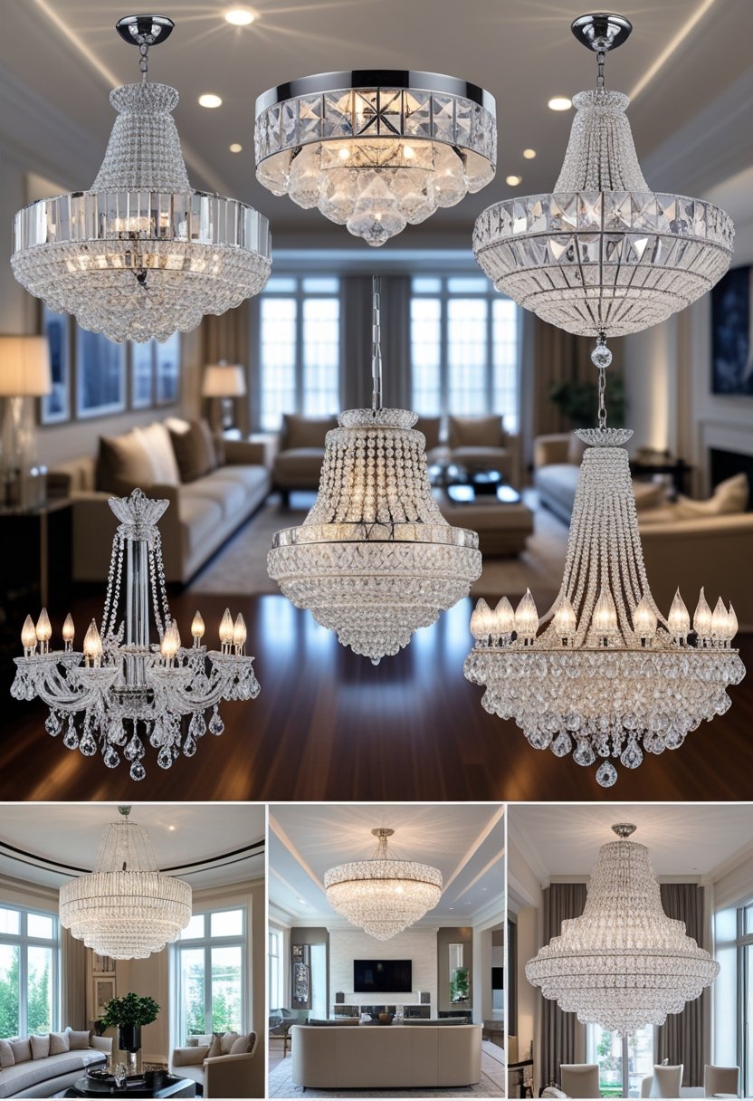 A spacious living room with seven crystal chandeliers hanging from the ceiling, surrounded by modern furniture and large windows.