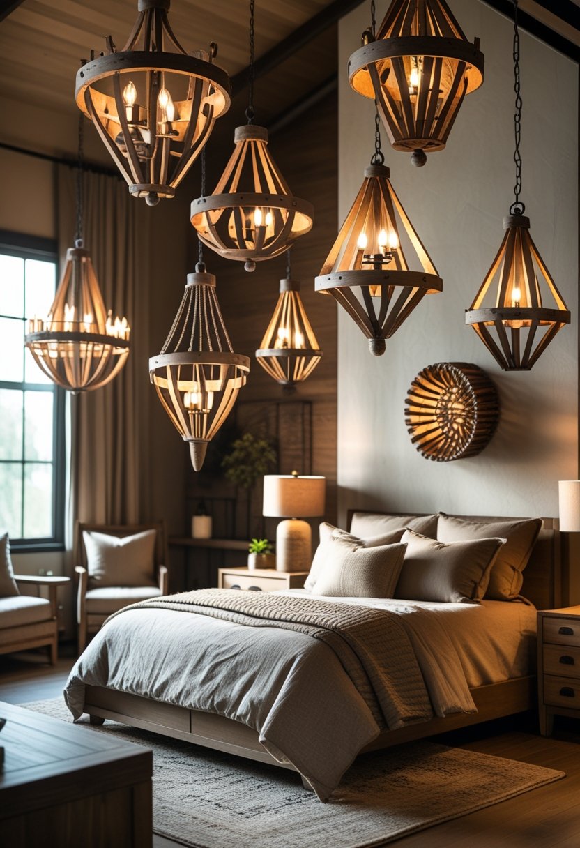 A bedroom with seven wood and metal chandeliers hanging from the ceiling above a bed with neutral bedding and wooden furniture.