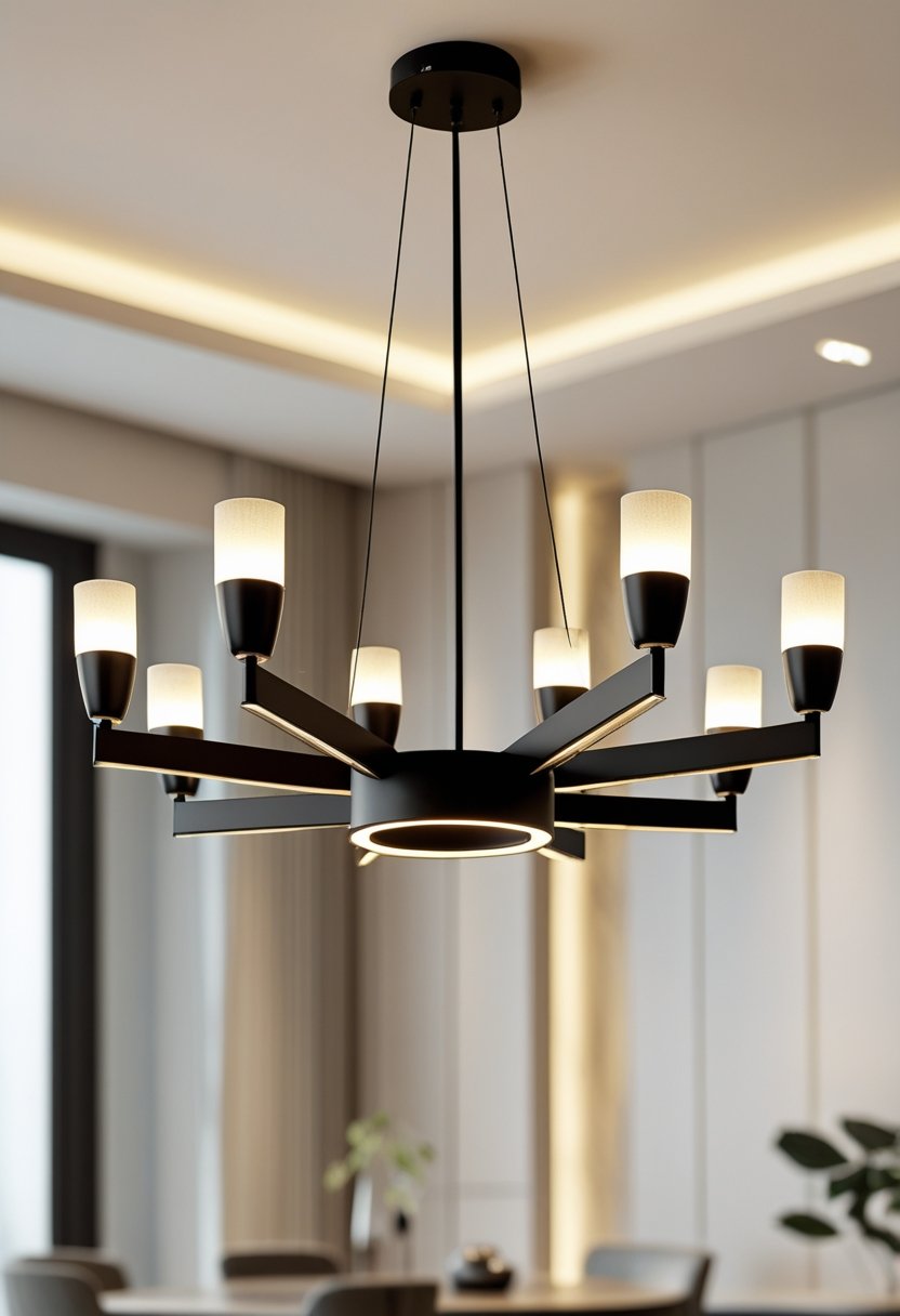 A black matte metal chandelier with ten arms hanging from a ceiling in a modern living space.