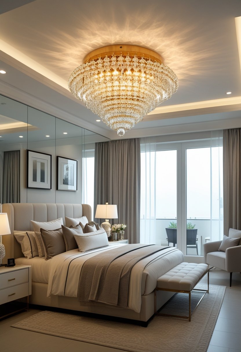 A bedroom with a large bed and a chandelier hanging from the ceiling, illuminated by natural light.