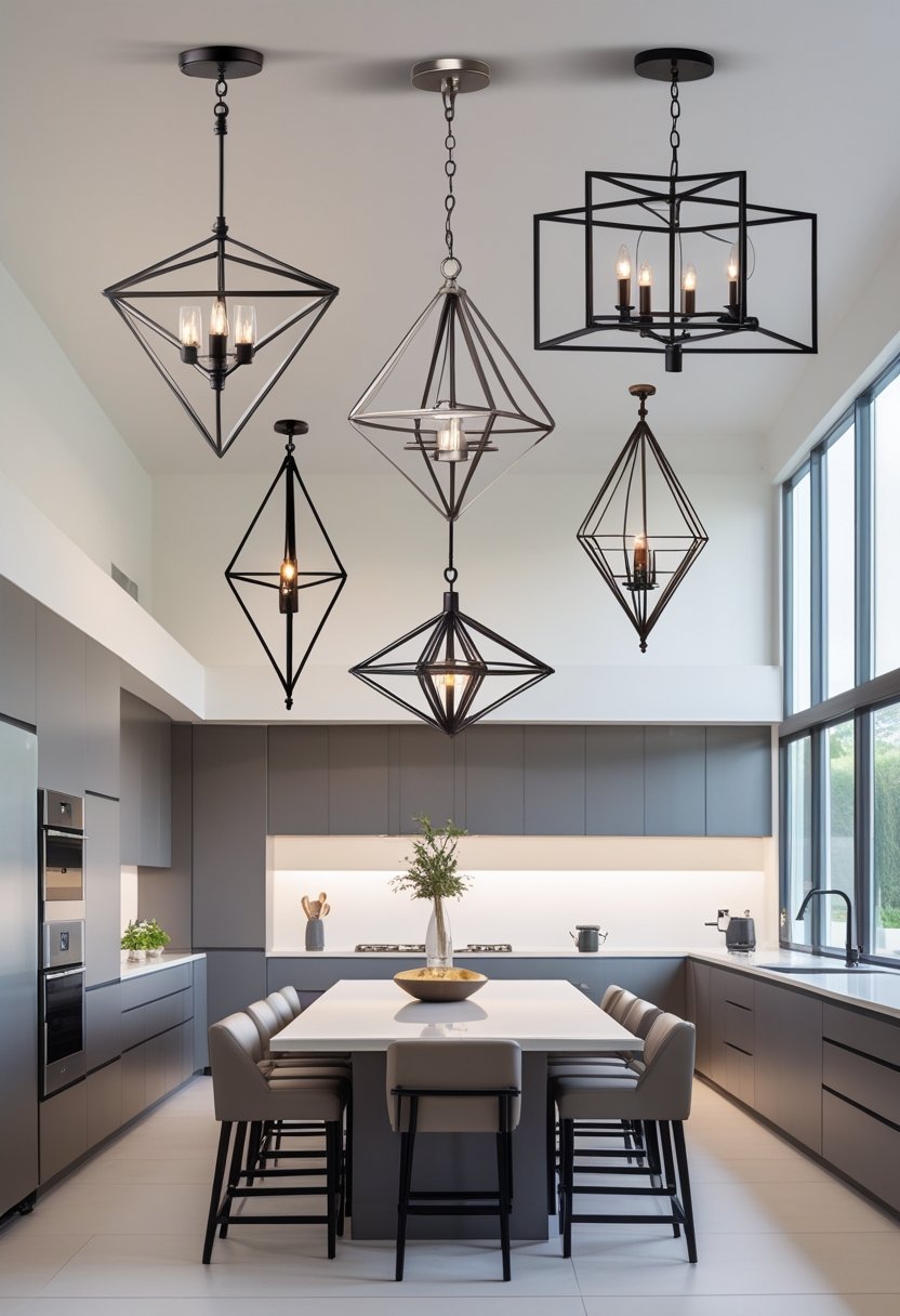 Seven metal chandeliers hanging above a kitchen island in a modern kitchen with cabinets and large windows.