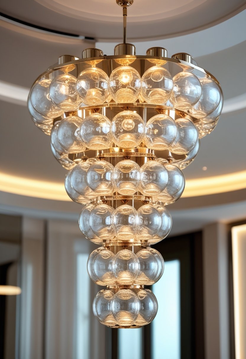A multi-tiered glass orb chandelier hanging from the ceiling in a modern interior space.