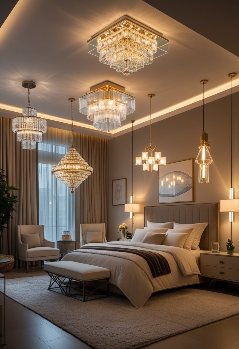 A bedroom with a large bed and seven different chandeliers hanging from the ceiling, each providing warm light that creates a cozy atmosphere.