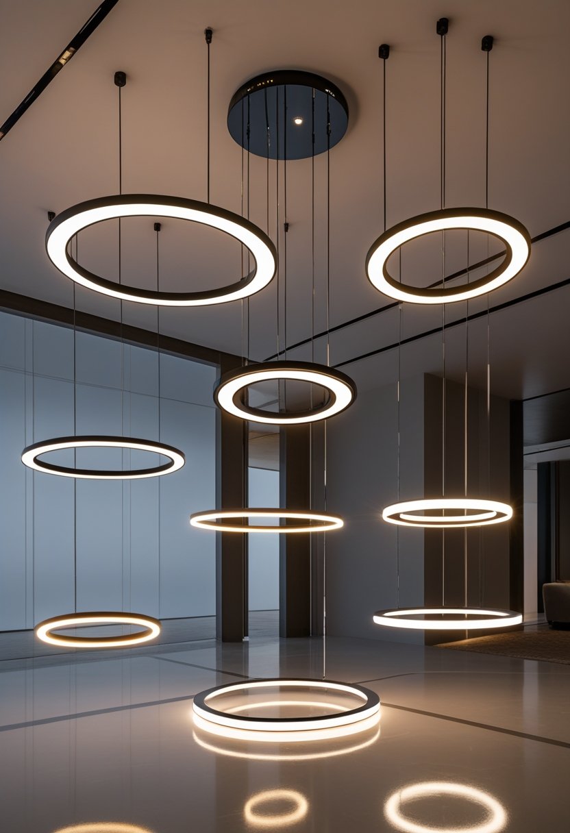 Seven modern LED ring chandeliers with adjustable smart lighting hanging in a spacious room.