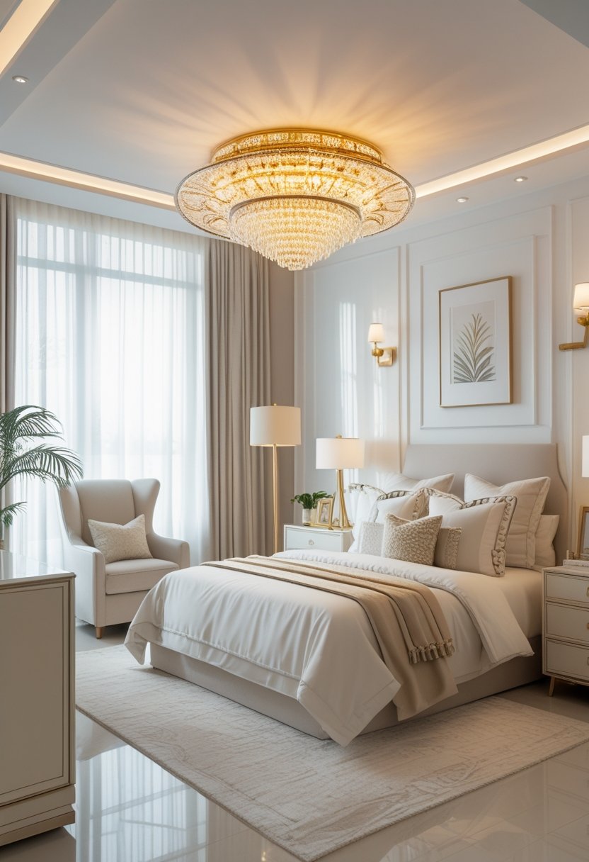 A bedroom with a large bed and a decorative chandelier hanging from the ceiling, illuminated by natural light from windows.