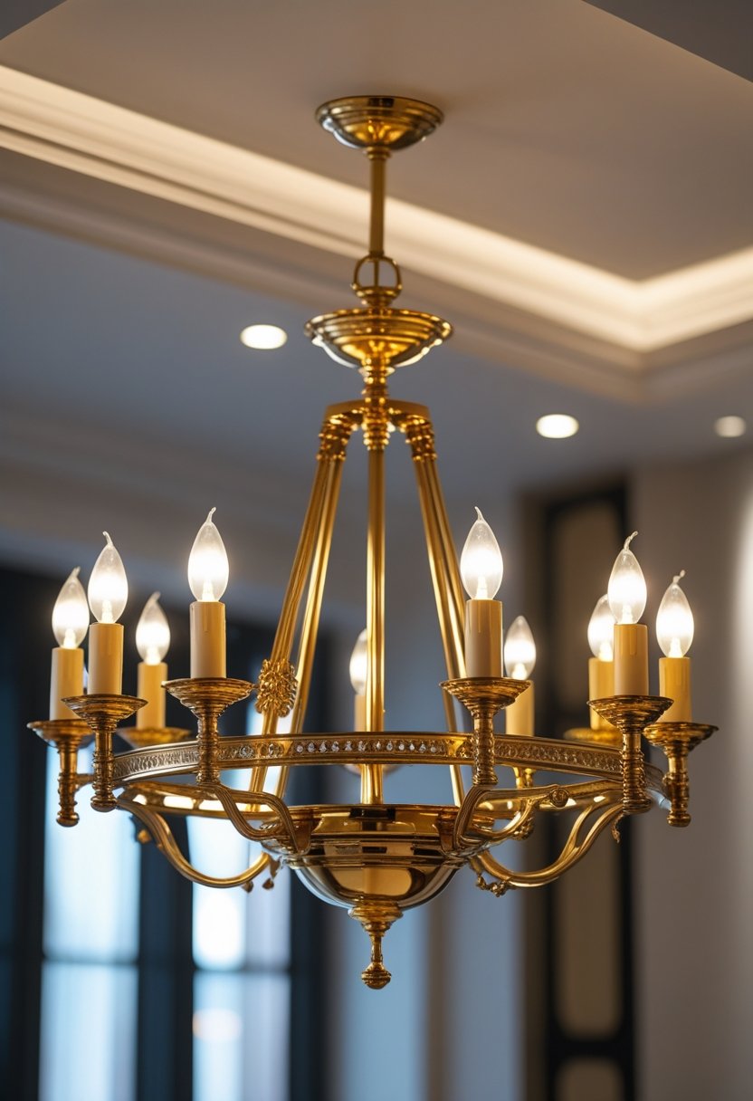 A brass chandelier with ten candle-style bulbs hanging from a ceiling in a well-lit room.