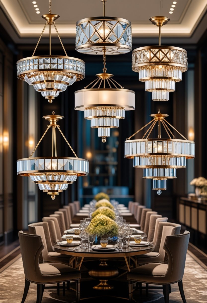 A spacious dining room with seven elegant chandeliers hanging from the ceiling above a large dining table set with chairs and tableware.
