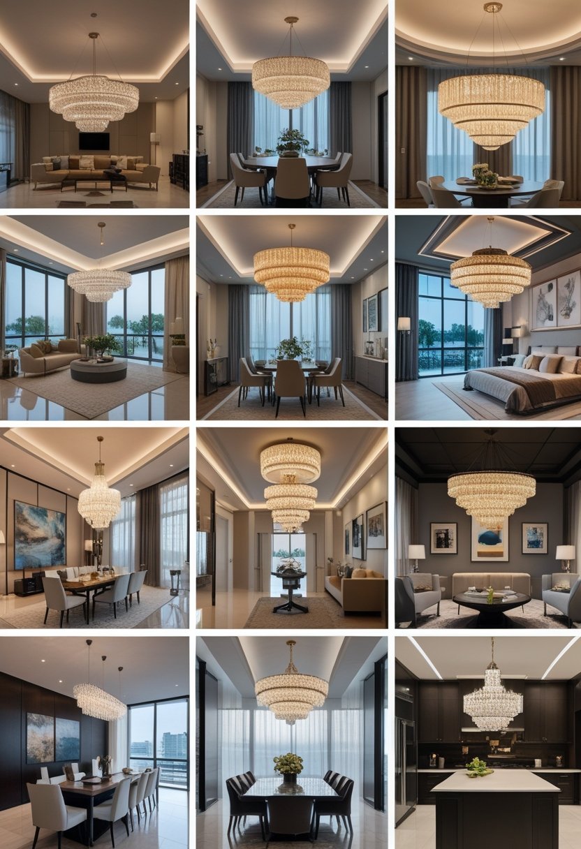 A collection of ten different chandeliers lighting various interior rooms including living room, dining area, bedroom, foyer, office, and kitchen.
