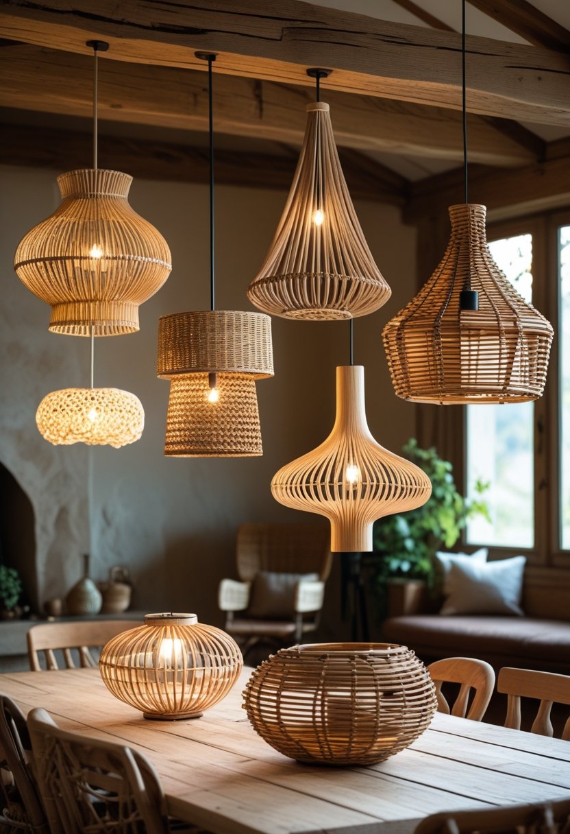 Seven different chandeliers made from natural materials hanging in a rustic room with wooden beams and warm lighting.