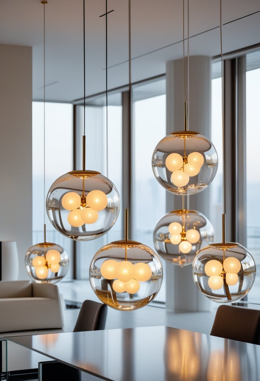 Seven orb pendant chandeliers hanging in a modern room with clean furniture and soft lighting.
