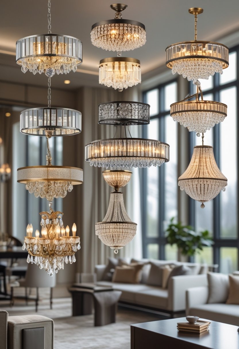 A bright room displaying ten different chandeliers hanging from the ceiling above a living or dining area.