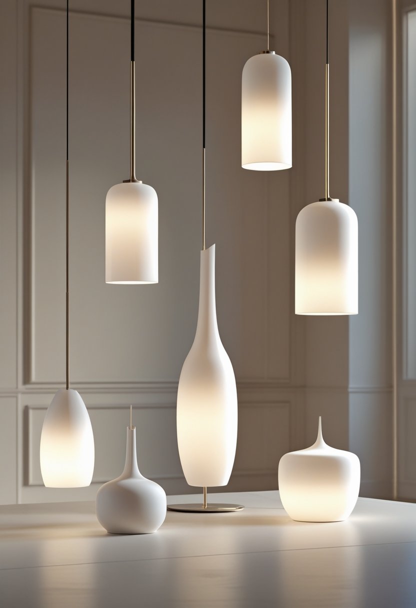 Seven elegant chandeliers hanging in a softly lit room.