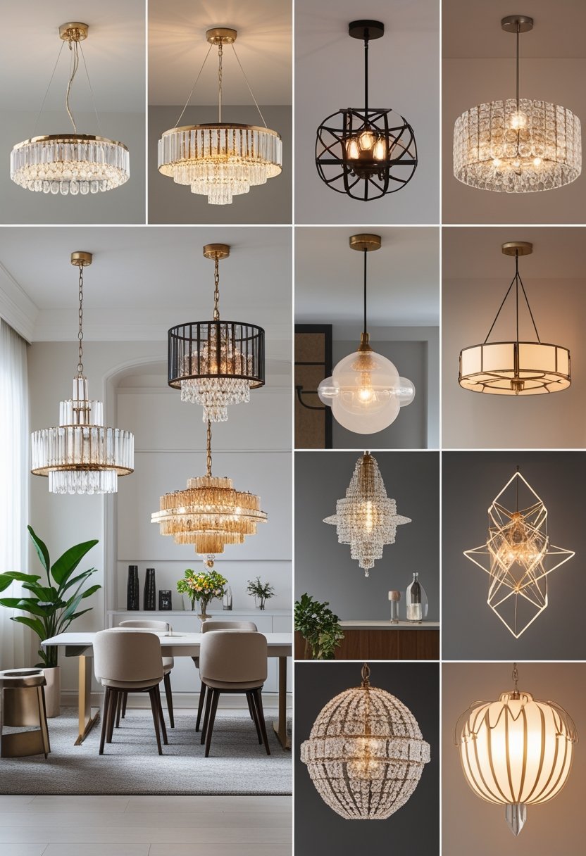 Interior room displaying ten different chandelier lighting fixtures arranged to showcase a variety of styles and designs.
