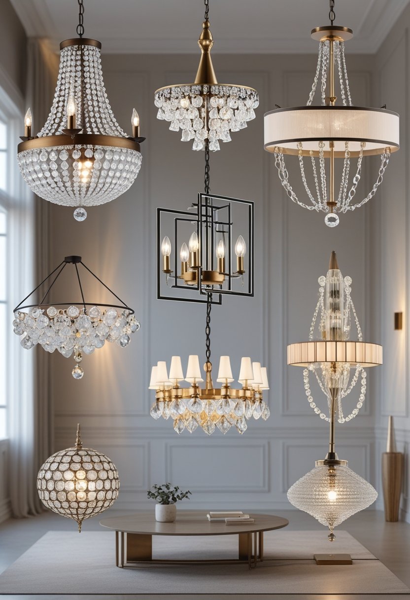 Seven different chandeliers displayed in a bright room, each with unique shapes and materials.