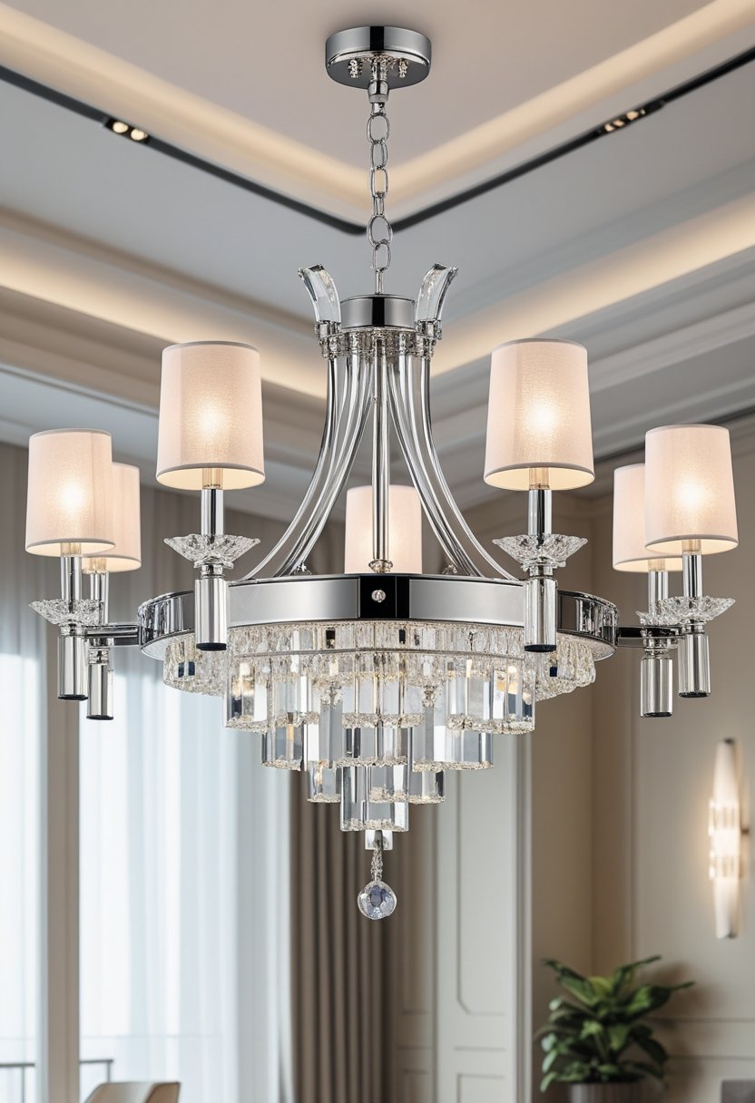 A seven-arm chandelier hanging from a ceiling in a bright room.