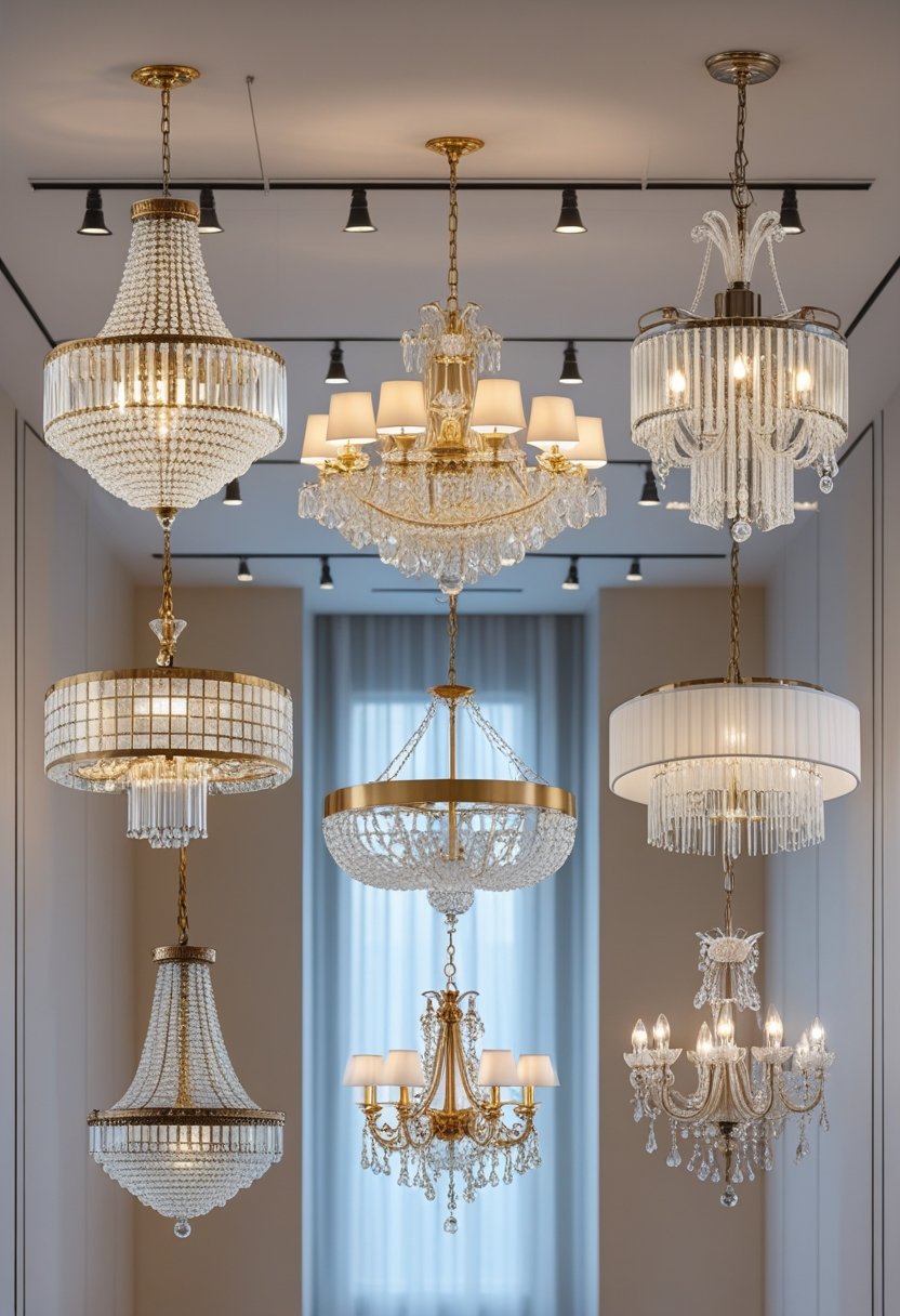 Seven different chandeliers hanging from the ceiling in a bright showroom.