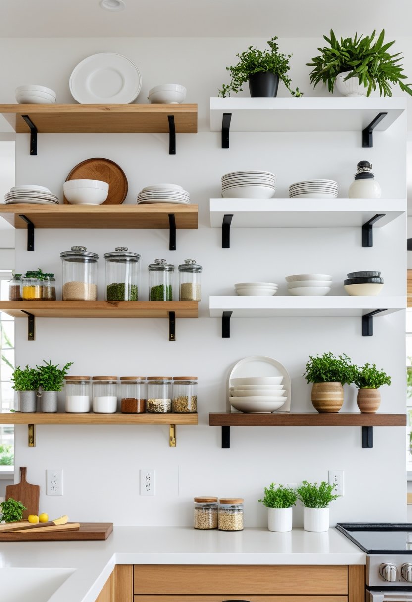 A modern kitchen displaying ten different open shelf designs with kitchenware, plants, and decor neatly arranged.