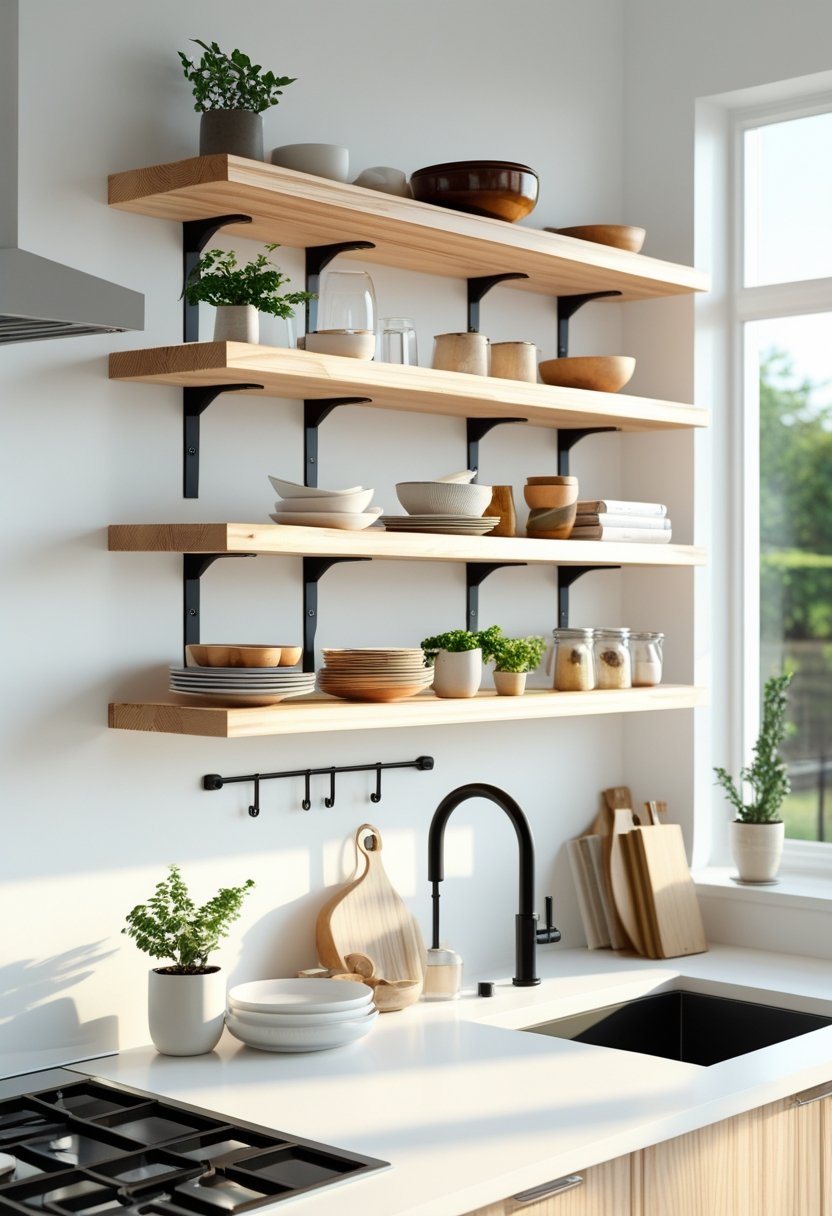 A bright kitchen wall with floating wooden shelves supported by black metal brackets, holding bowls, jars, plants, and kitchenware.