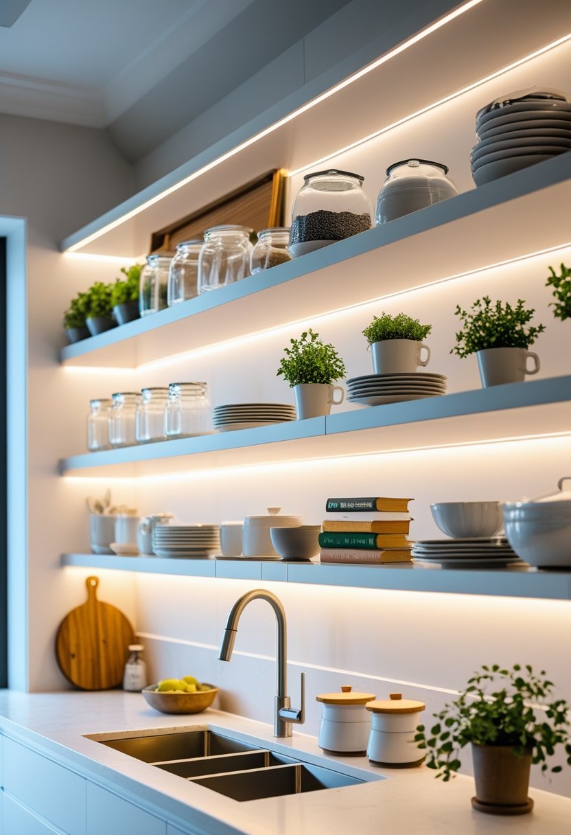 Open kitchen shelves with under-cabinet lighting displaying dishes, jars, plants, and cookbooks above a clean countertop.
