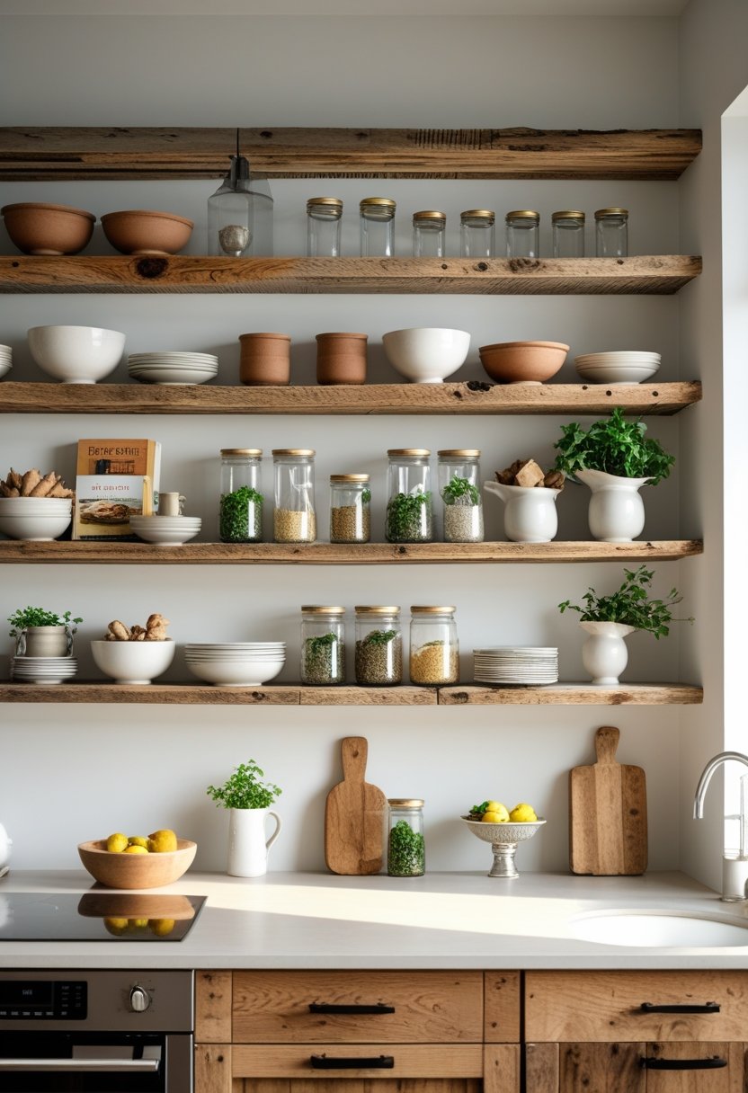 A kitchen wall with ten open shelves made of reclaimed barn wood holding various kitchen items like bowls, jars, plants, and books.