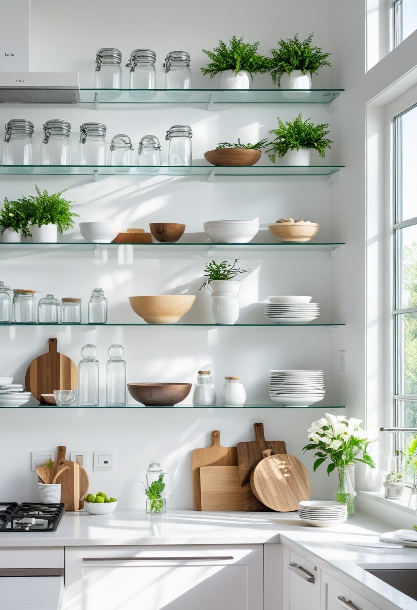 A modern kitchen with ten open glass shelves displaying kitchenware, plants, and cookbooks above a clean countertop.