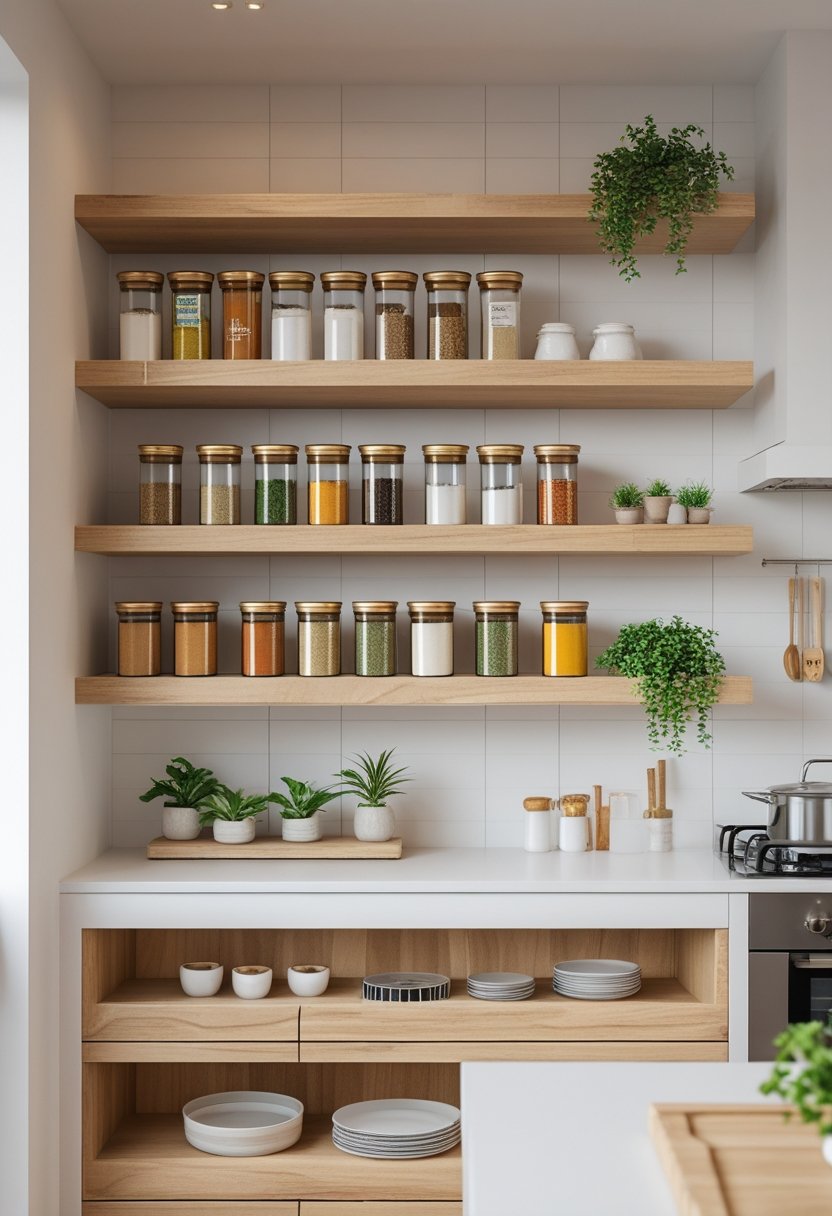 A modern kitchen with open shelves featuring built-in spice racks filled with spice jars and kitchen items.