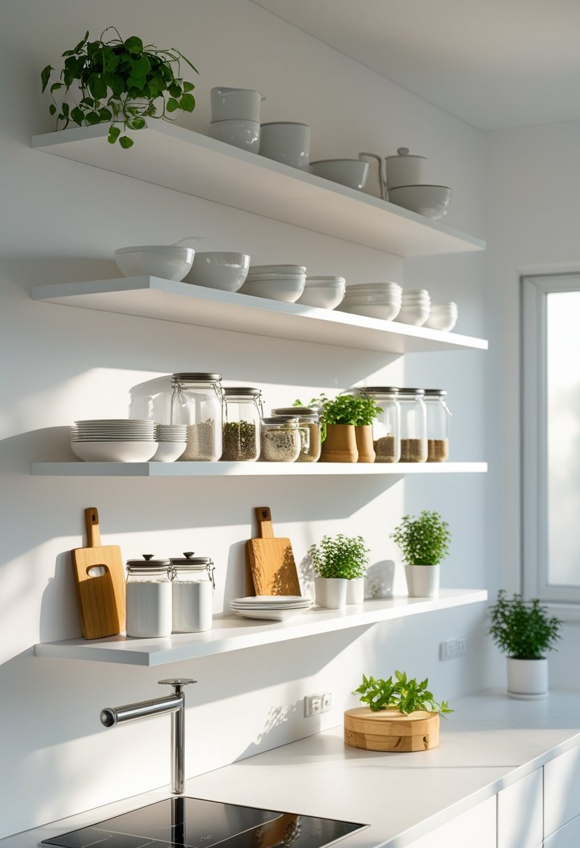 A white kitchen wall with ten open shelves holding dishes, jars, plants, and kitchen utensils.