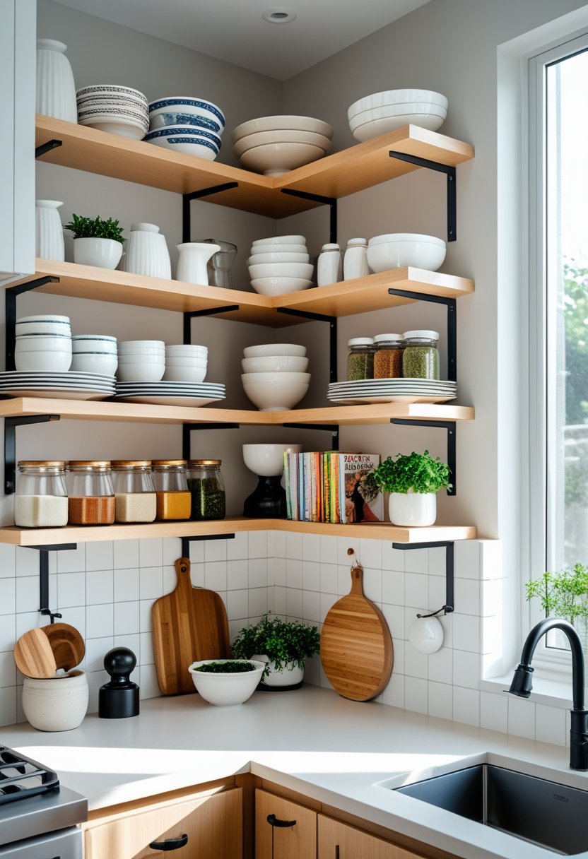 A kitchen corner with open shelves holding dishes, jars, cookbooks, and plants, arranged to maximize space.